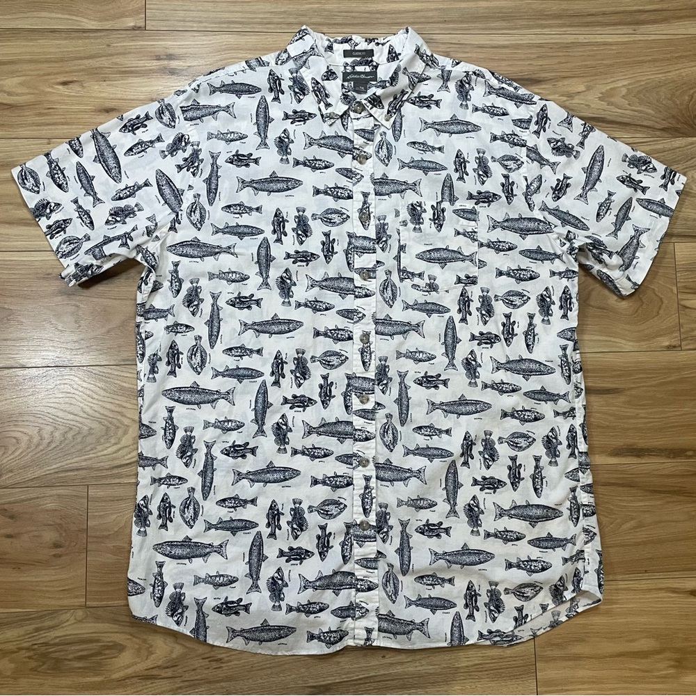 Eddie Bauer Black and White Fish Pattern Shirt